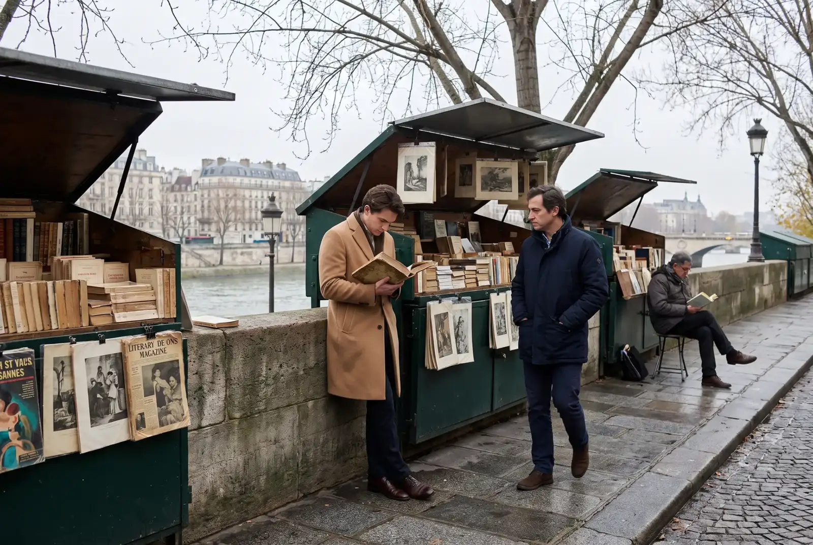 Deux hommes parcourent des livres d’occasion aux célèbres bouquinistes le long de la Seine.