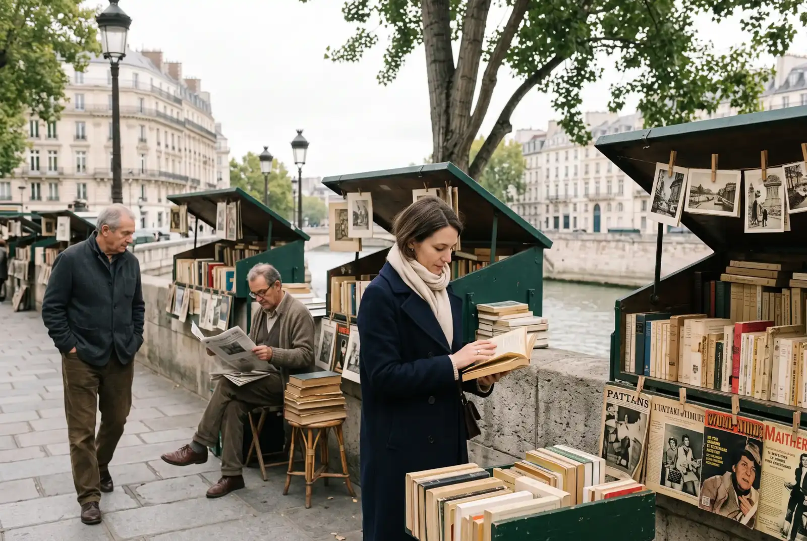 Une femme feuillette un livre près des boîtes vertes de bouquinistes parisiens.
