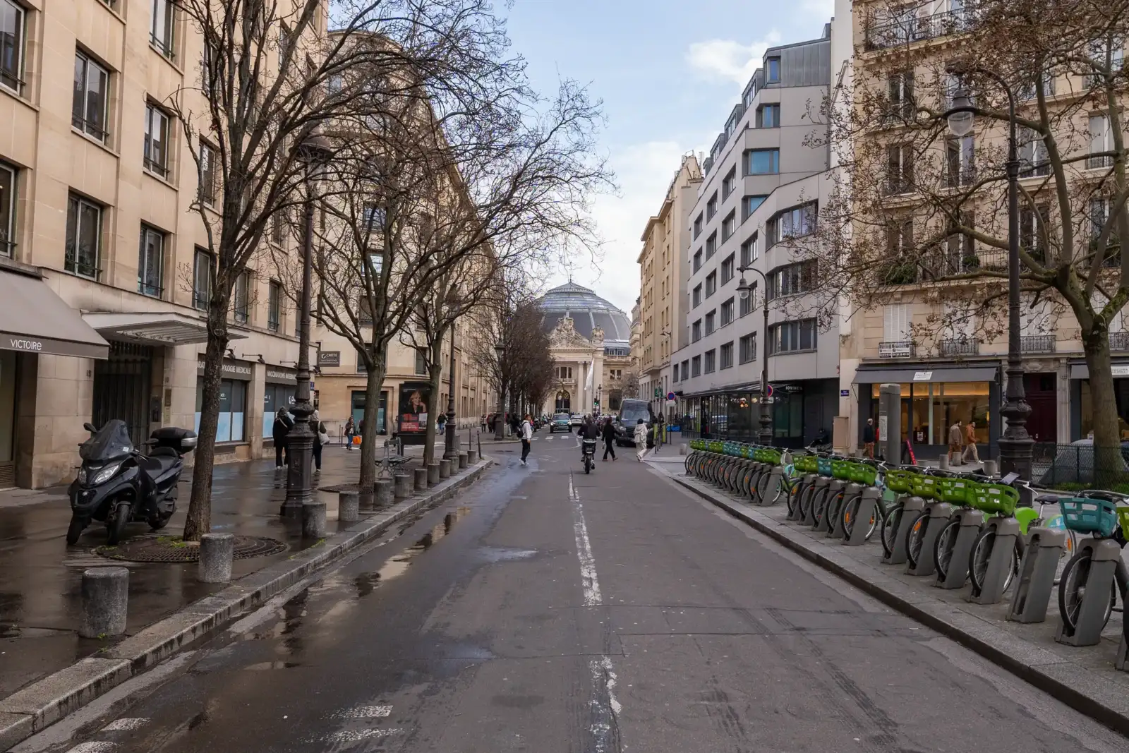 Vue sur la Bourse de Commerce depuis une rue parisienne bordée d'arbres et vélos.