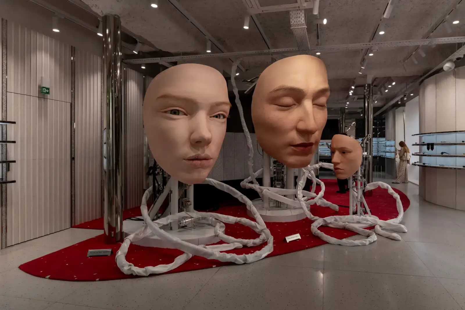 Trois têtes humaines géantes robotisées exposées sur un tapis rouge dans une boutique moderne.