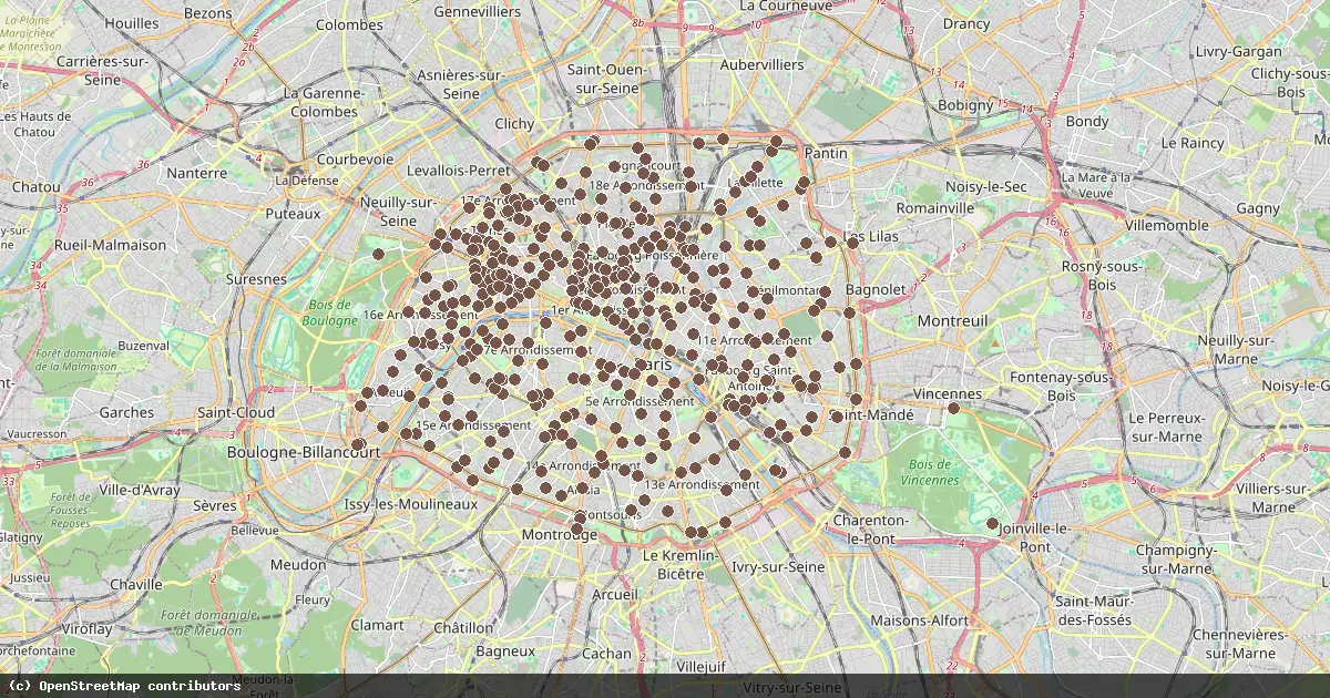 Une carte détaillée de Paris montre des points bruns représentant l emplacement des taxis.