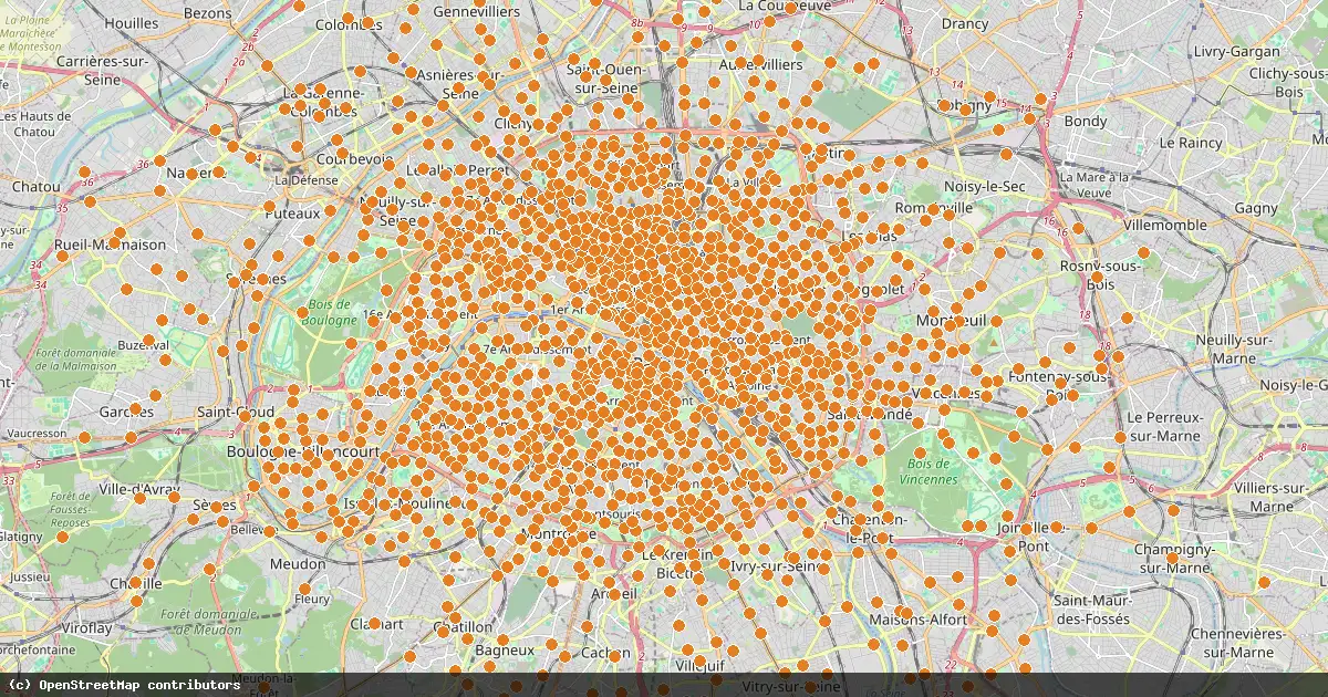 Carte de Paris couverte de nombreux points orange représentant les stations Vélib.