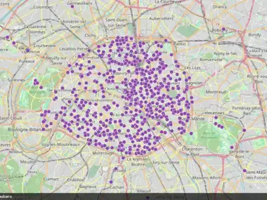 Une carte de Paris montre de nombreux points violets indiquant la localisation de toilettes publiques.