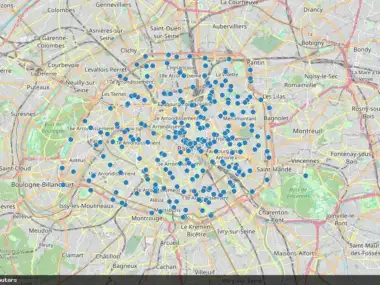 Carte géographique de Paris montrant de nombreux points bleus indiquant les bornes wifi.