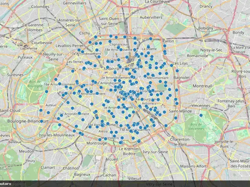 Carte géographique de Paris montrant de nombreux points bleus indiquant les bornes wifi.