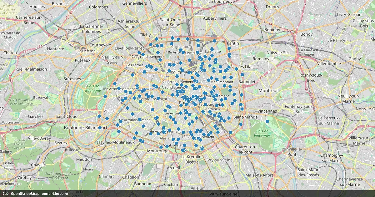 Carte géographique de Paris montrant de nombreux points bleus indiquant les bornes wifi.