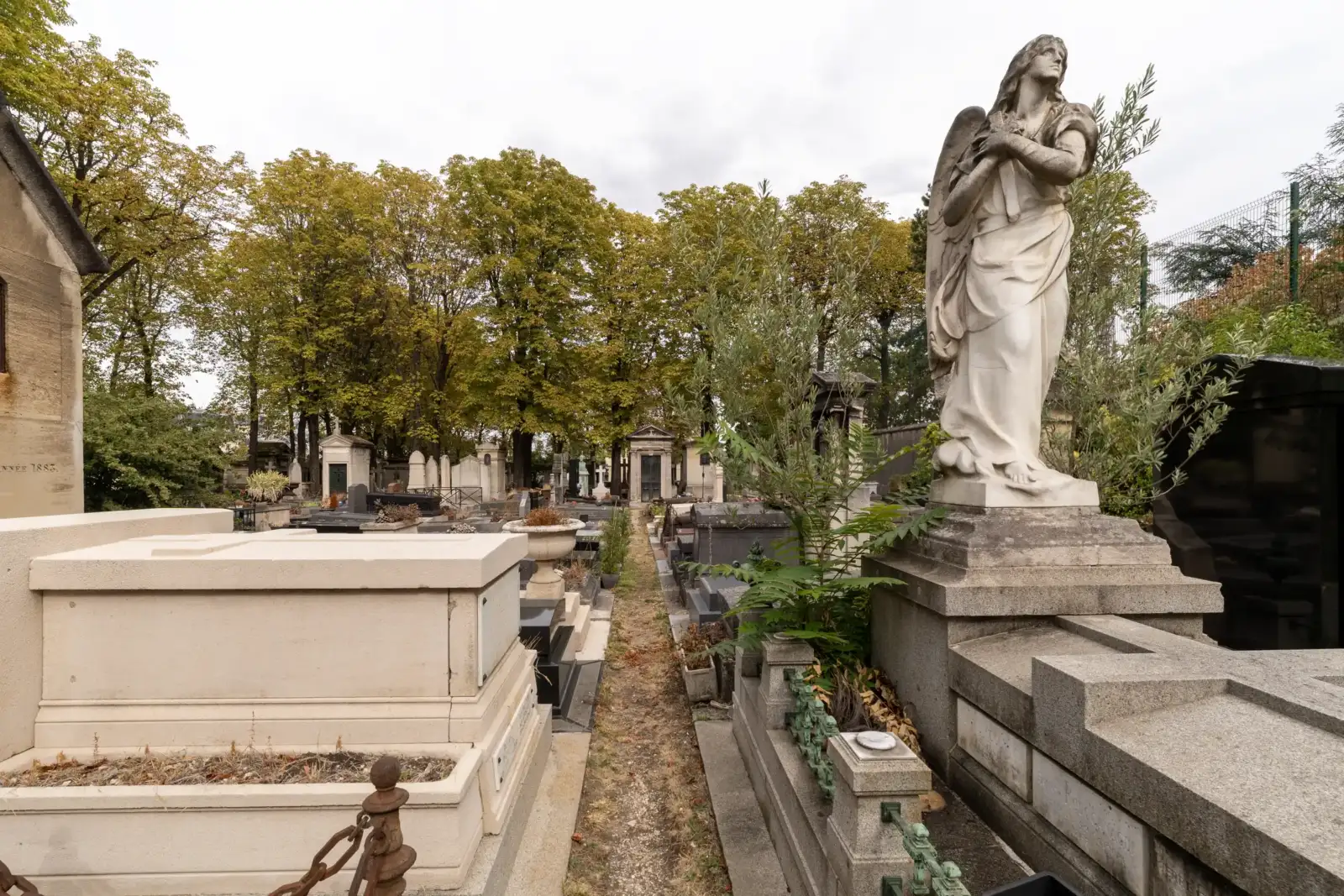 Une statue d ange en pierre surplombe les tombes du cimetière de Passy à Paris.