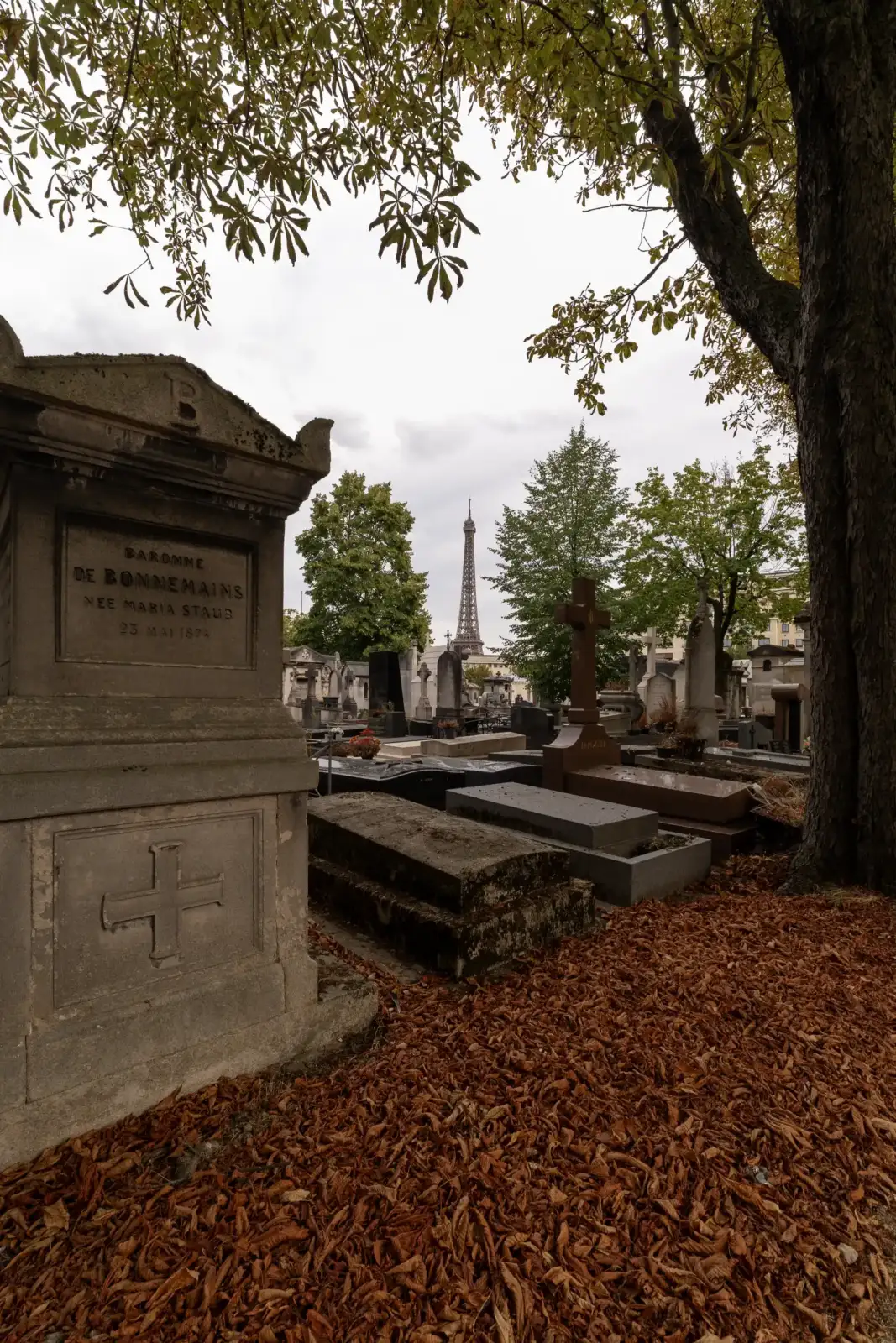 Des tombes anciennes du cimetière de Passy encadrent la Tour Eiffel par temps gris.