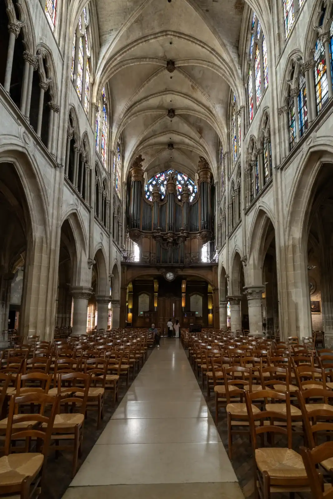 Vue centrale de la nef gothique avec ses voûtes et ses rangées de chaises en bois.