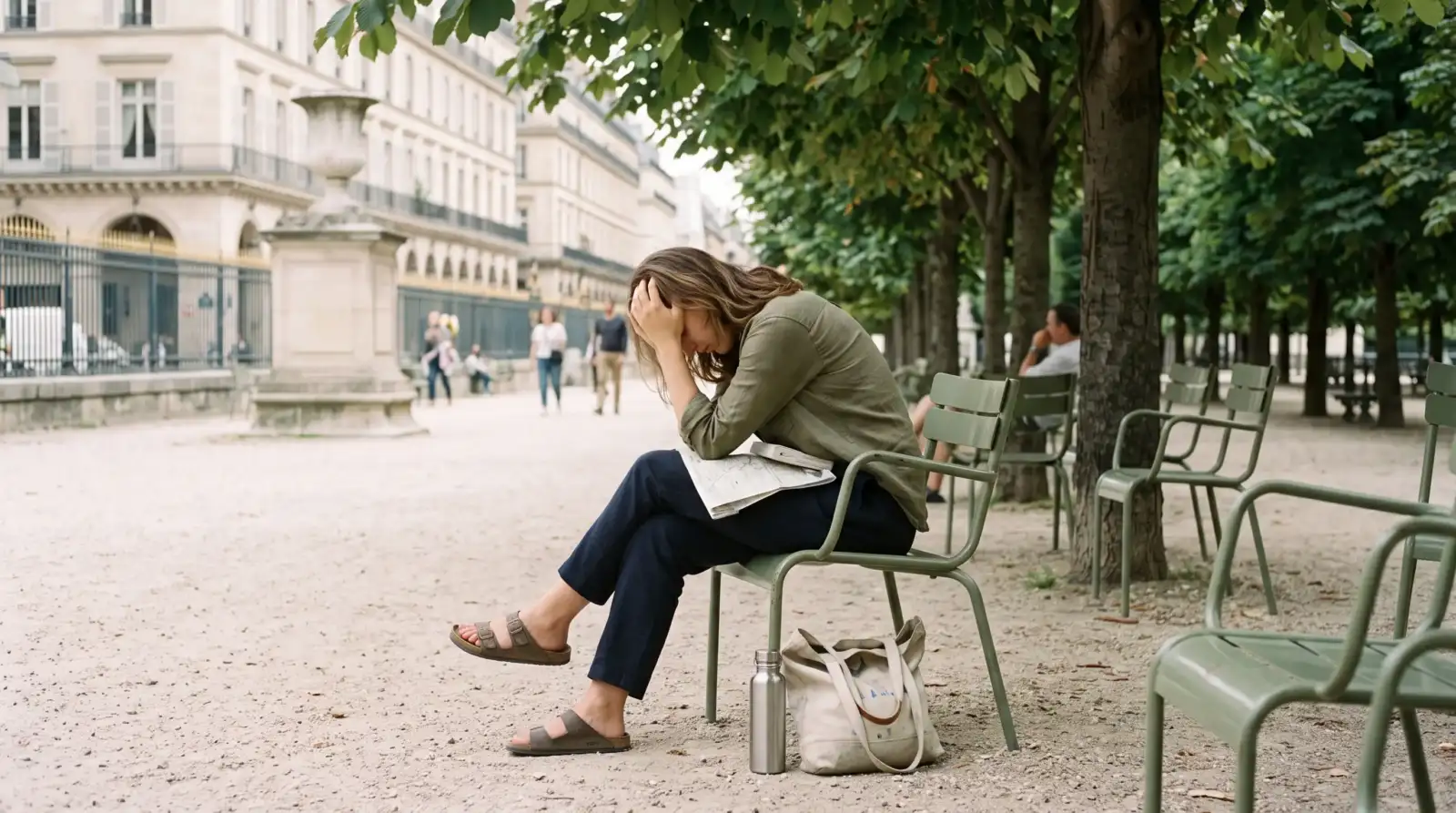 Une femme assise sur un banc vert dans un parc parisien a l air stressée.