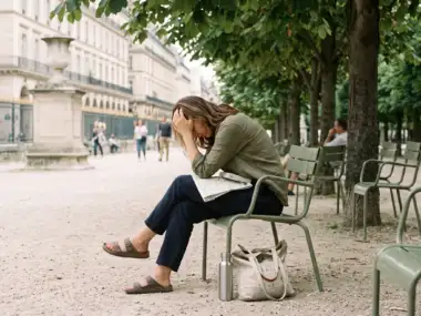Une femme assise sur un banc vert dans un parc parisien a l air stressée.