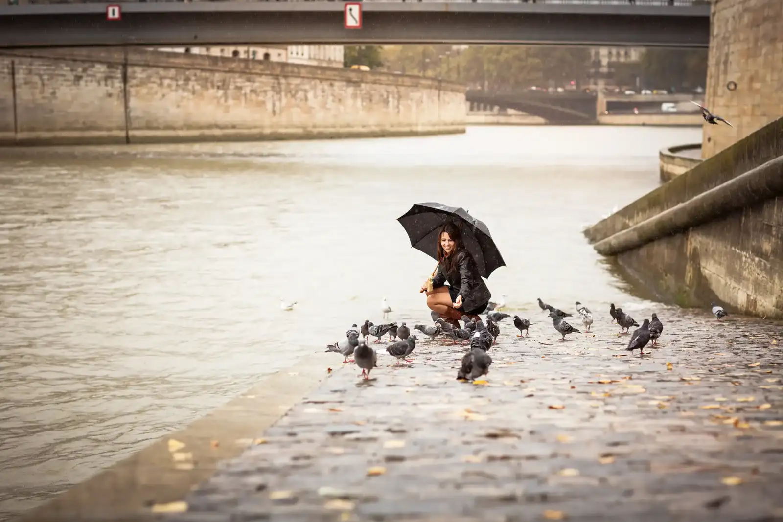 Une femme souriante sous un parapluie noir nourrit des pigeons au bord de la Seine.
