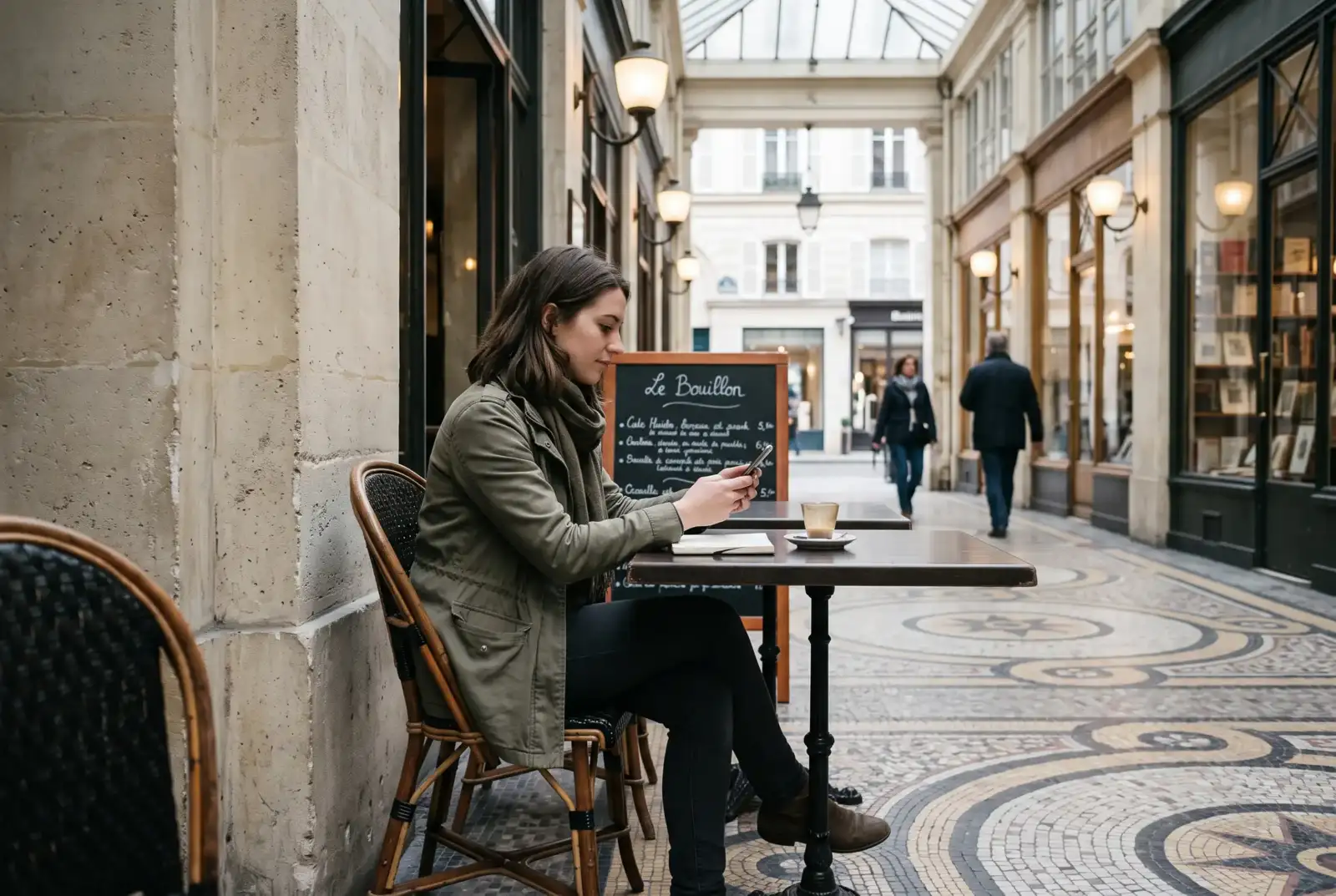 Une jeune femme assise à une terrasse parisienne utilise son smartphone en buvant.