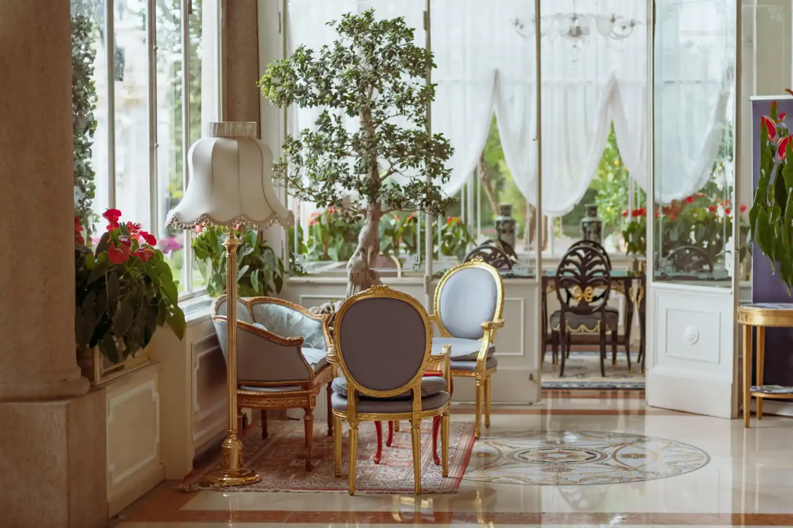 Salon luxueux baigné de lumière naturelle avec des fauteuils élégants et un bonsaï.