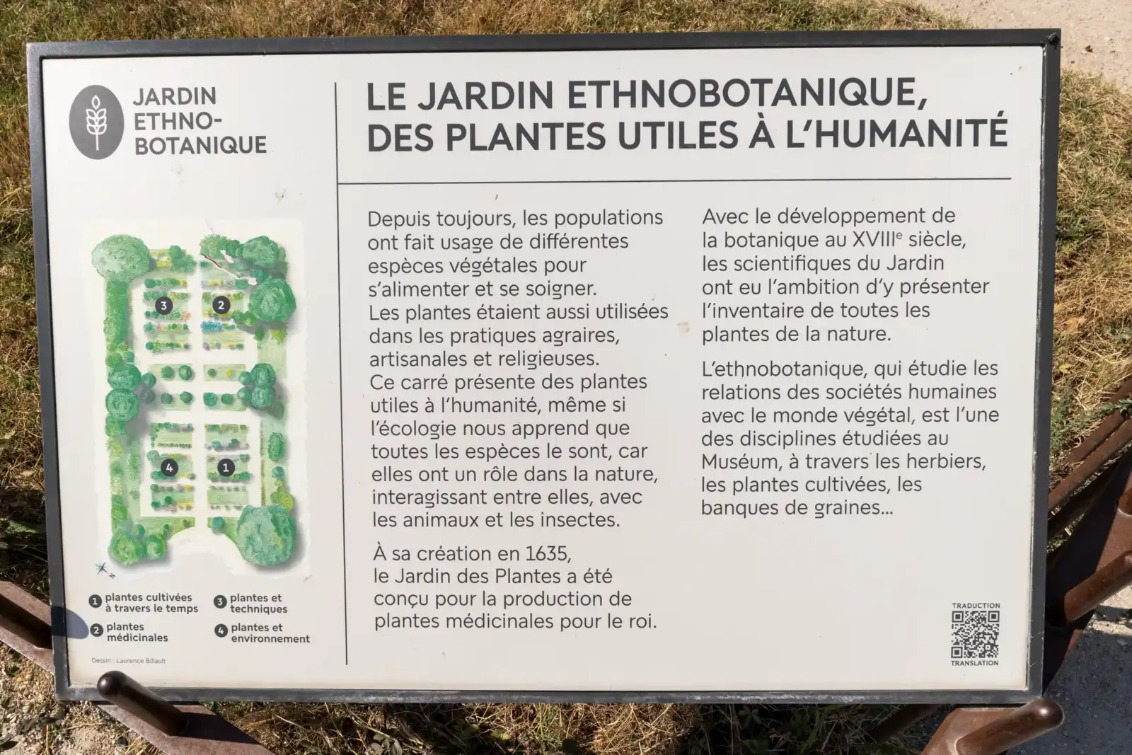 Panneau explicatif du jardin ethnobotanique présentant des textes explicatifs et un plan détaillé.