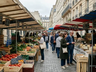 Des clients parcourent les étals d'un marché parisien traditionnel bordé d'immeubles en pierre.