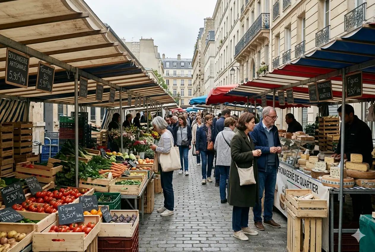 Des clients parcourent les étals d'un marché parisien traditionnel bordé d'immeubles en pierre.
