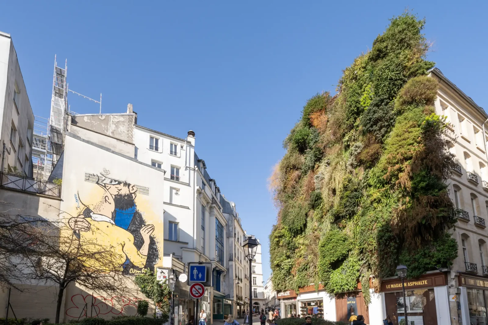 Une rue parisienne présente un mur végétal luxuriant face à une fresque murale colorée.