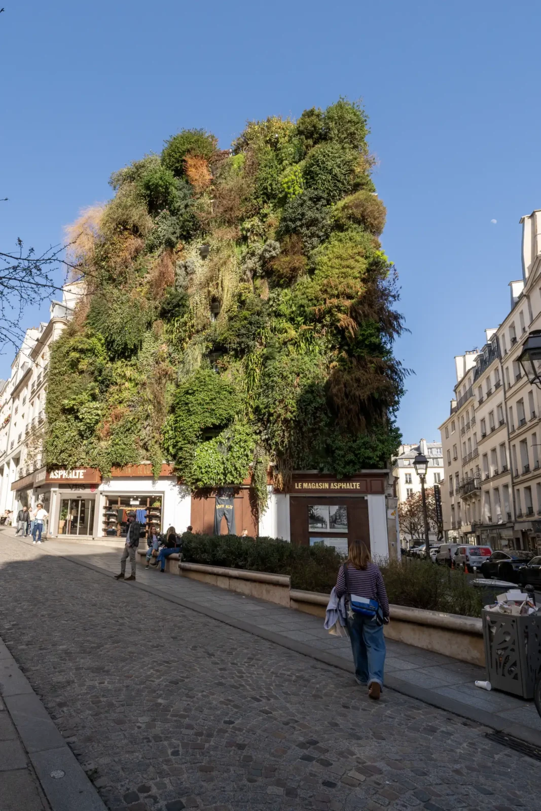 Un mur végétal luxuriant recouvre la façade d'un immeuble parisien dans une rue pavée.