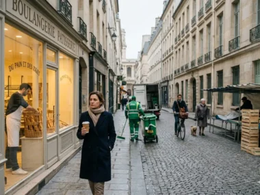 Une femme marche dans une rue pavée de Paris devant une boulangerie le matin.