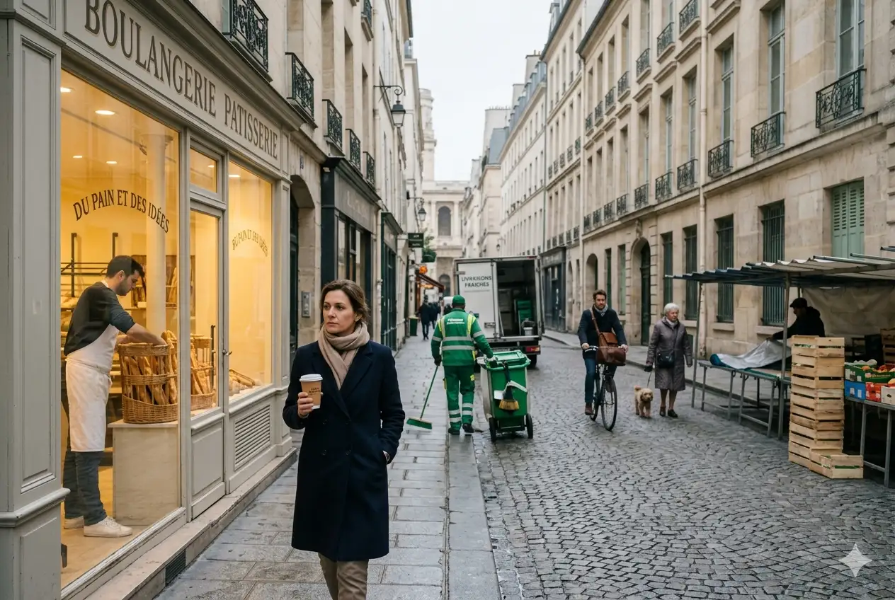 Une femme marche dans une rue pavée de Paris devant une boulangerie le matin.