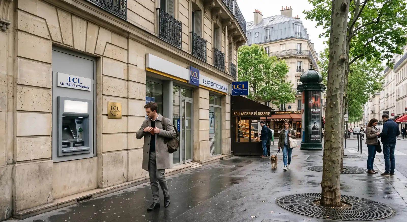 Un homme en manteau marche sur un trottoir parisien devant une agence bancaire.