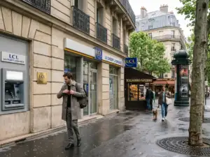 Un homme en manteau marche sur un trottoir parisien devant une agence bancaire.