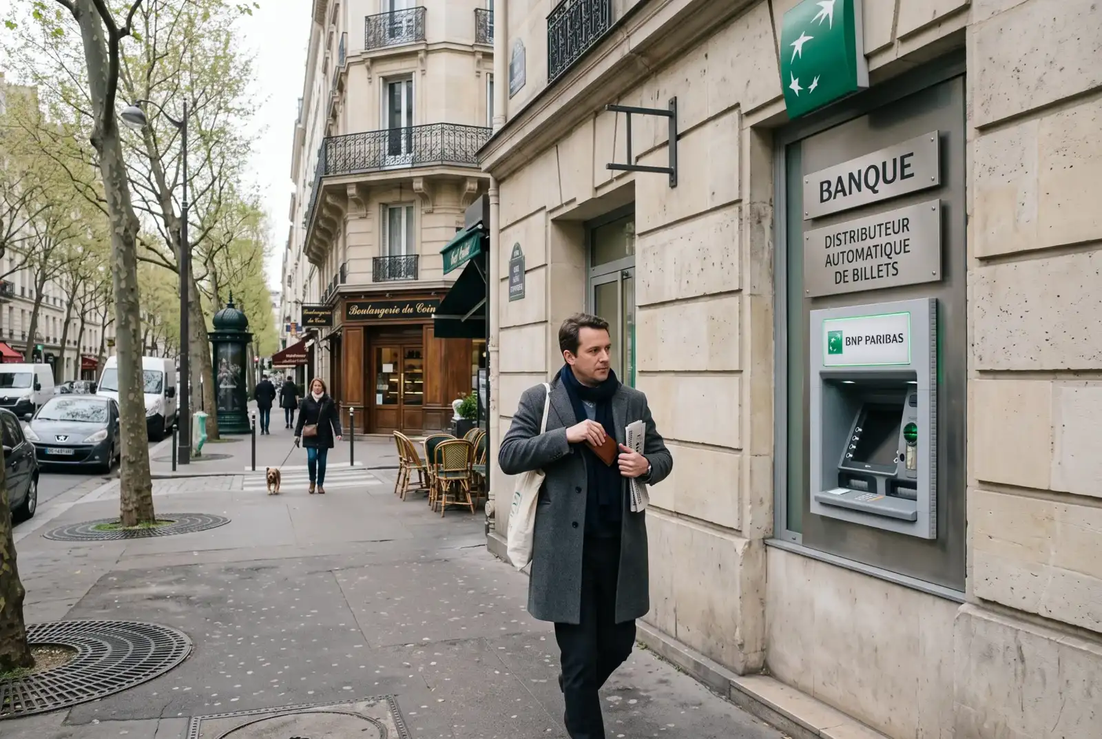 Un homme en manteau gris marche sur un trottoir parisien devant une banque.