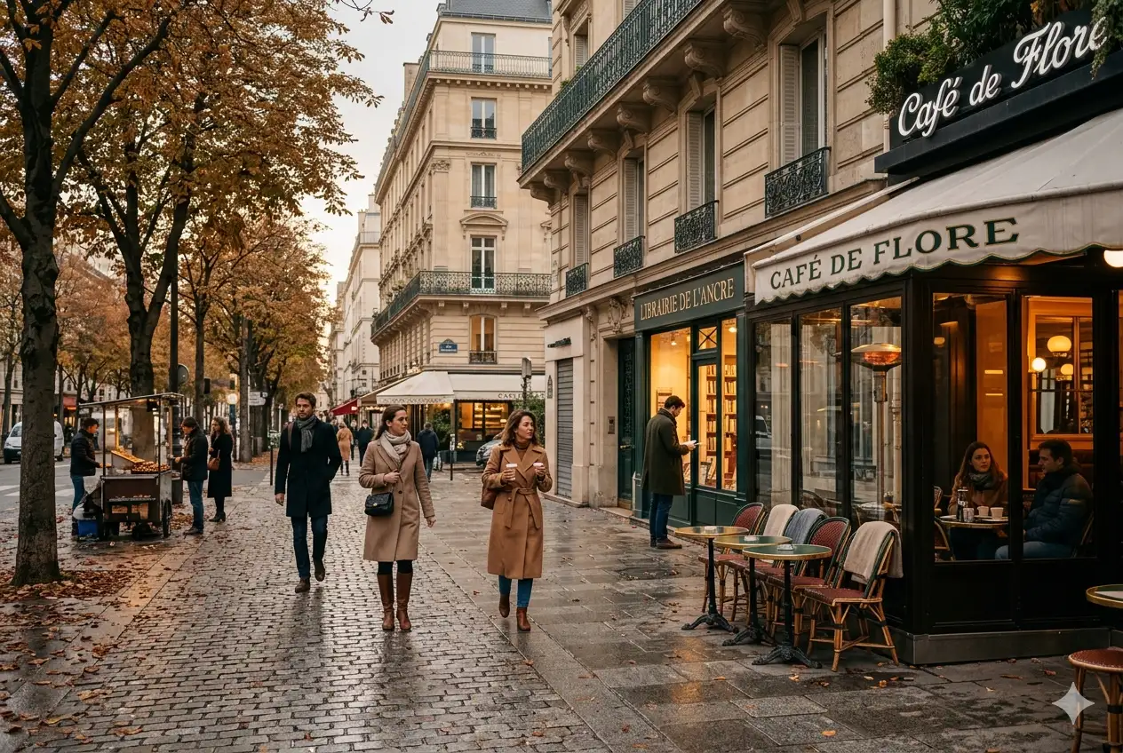 Des gens marchent sur un trottoir parisien bordé d'arbres automnaux devant le Café de Flore.
