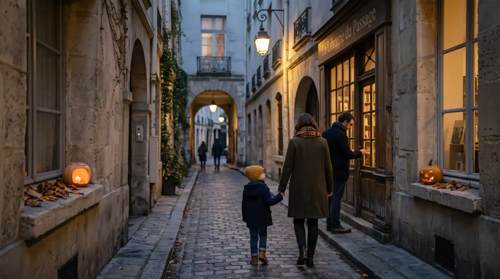 Une famille se promène dans une rue pavée de Paris décorée pour Halloween.