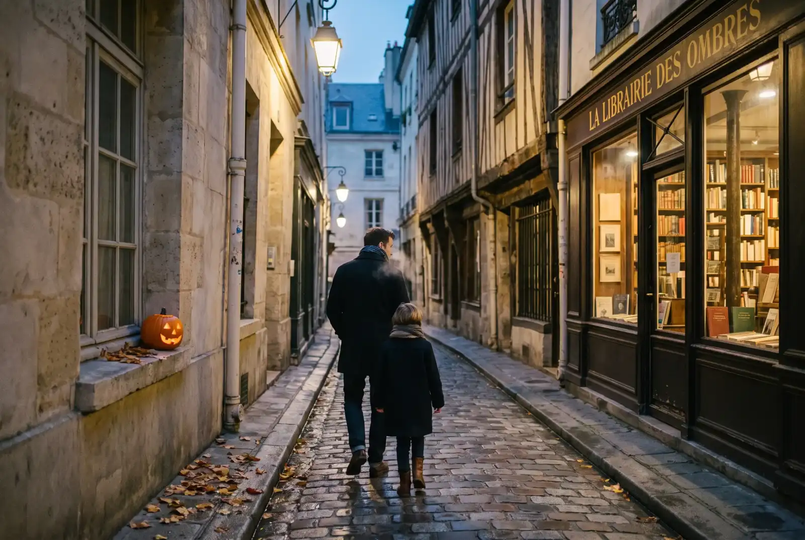 Un homme et un enfant marchent dans une rue pavée parisienne décorée pour Halloween.
