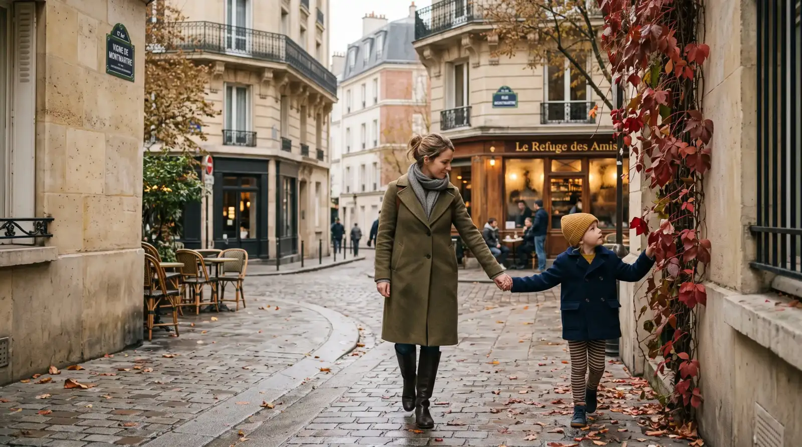 Une mère et son jeune enfant se promènent dans une rue pavée à Paris.