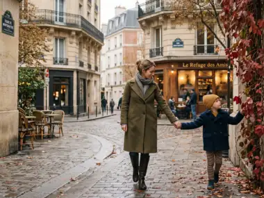 Une mère et son jeune enfant se promènent dans une rue pavée à Paris.