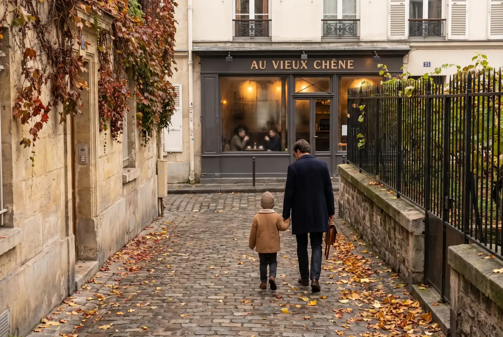 Un père et son enfant marchent dans une ruelle parisienne jonchée de feuilles mortes.