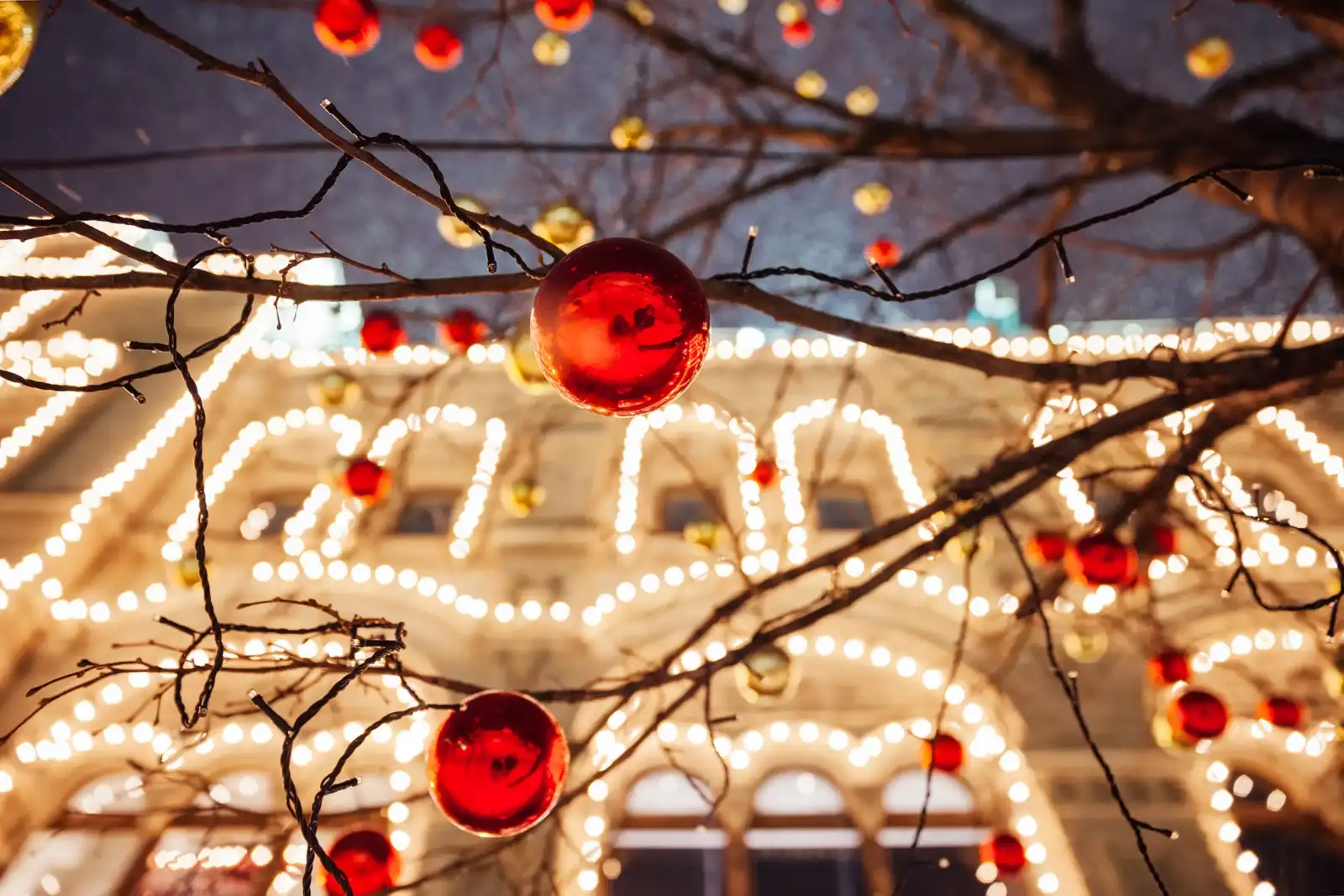 Des boules de Noël rouges brillent sur les branches illuminées d un bâtiment parisien.