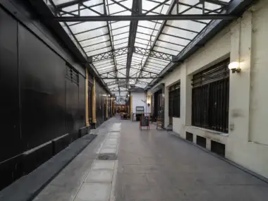 Intérieur d’un passage couvert parisien avec verrière métallique et murs contrastés.