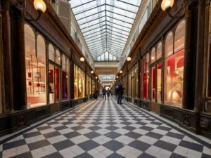 Le Passage Véro-Dodat à Paris présente une galerie couverte au sol en damier noir.