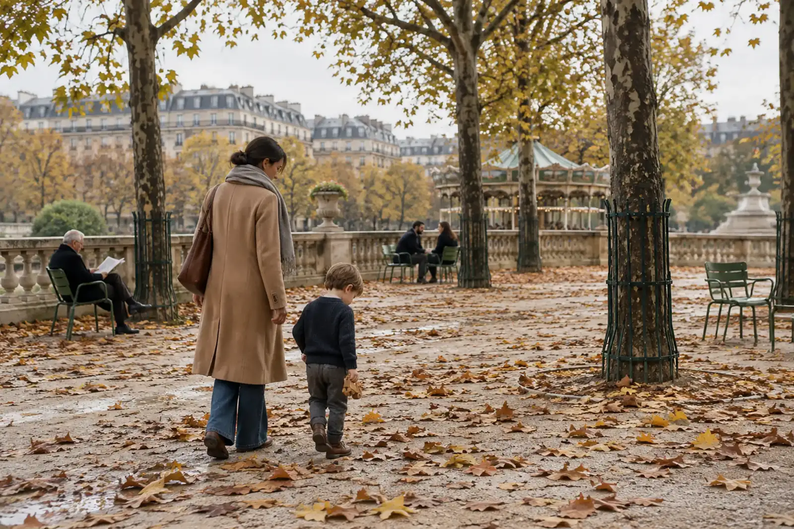 Une mère et son jeune enfant marchent dans un parc parisien jonché de feuilles mortes.