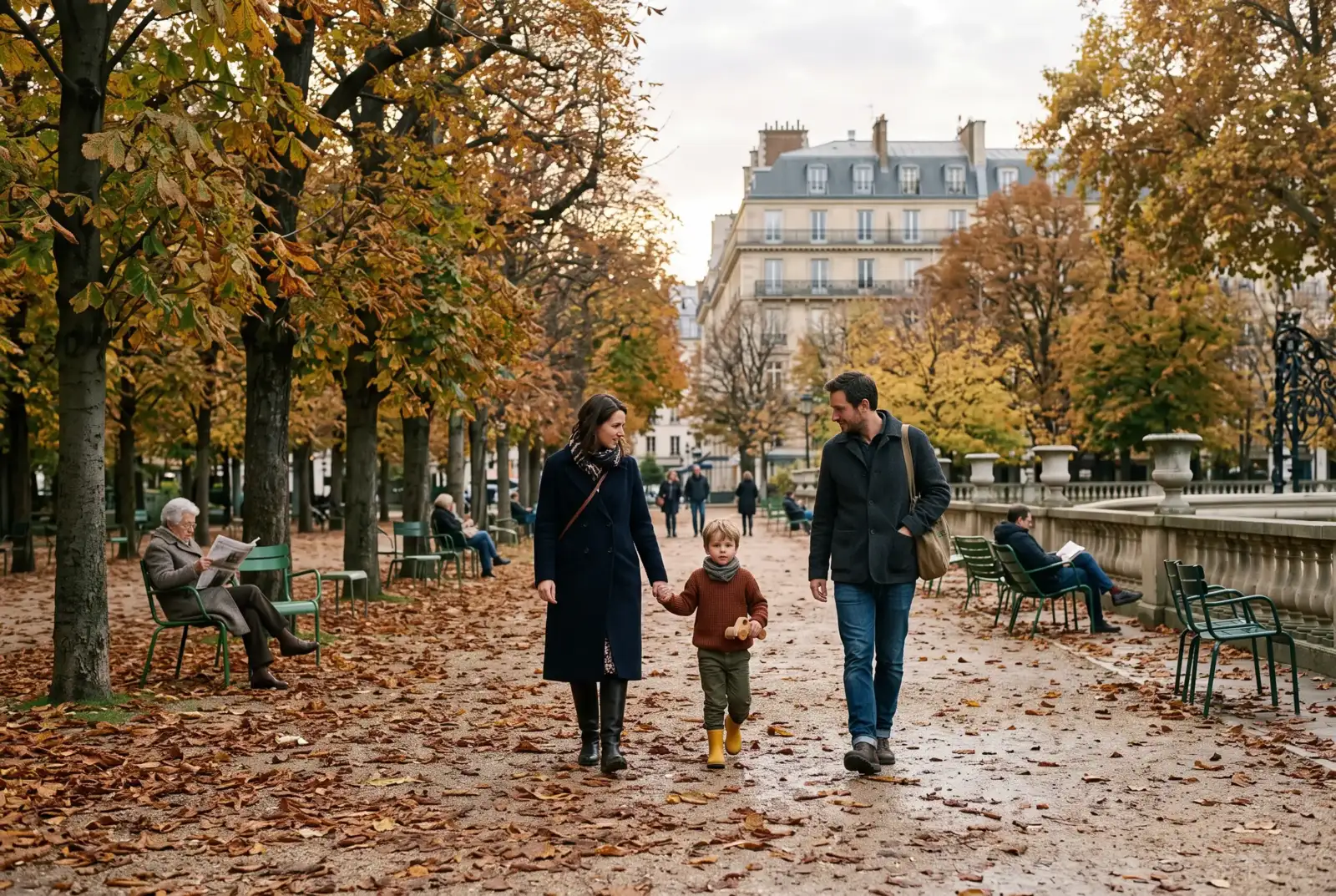 Une famille se promène dans un parc parisien aux superbes couleurs automnales.