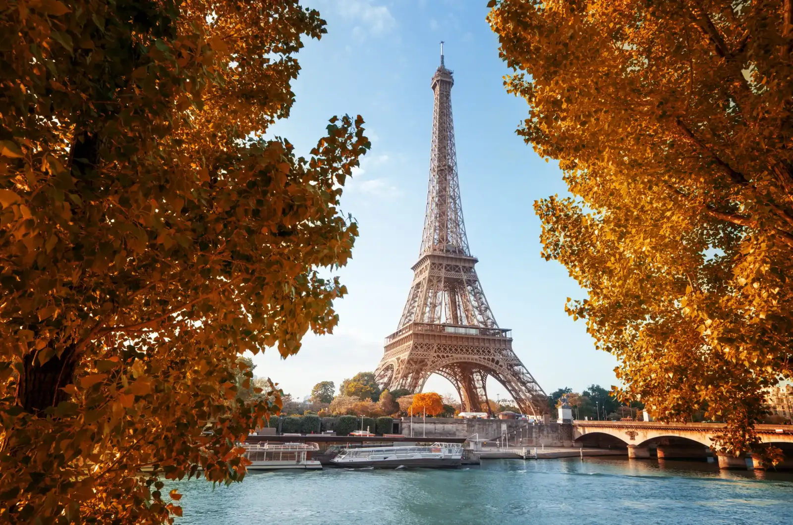 La tour Eiffel se dresse majestueusement derrière des arbres aux feuilles orangées.