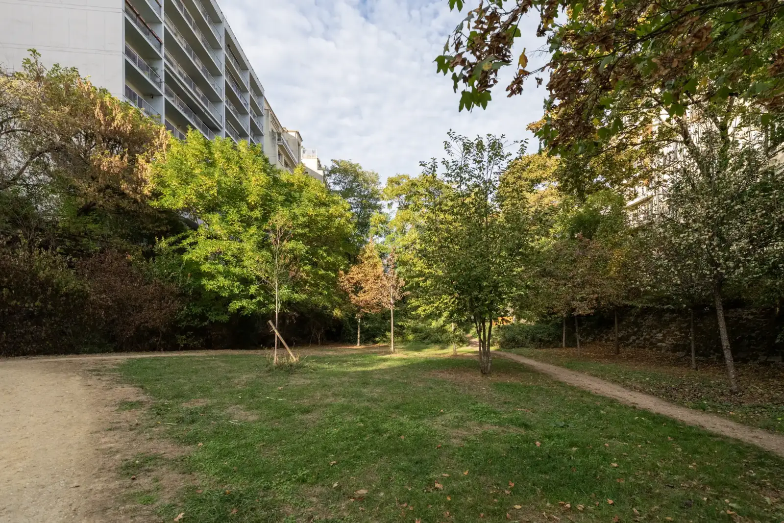 Une pelouse verdoyante entourée d'arbres feuillus s'étend sous un ciel nuageux à Paris.