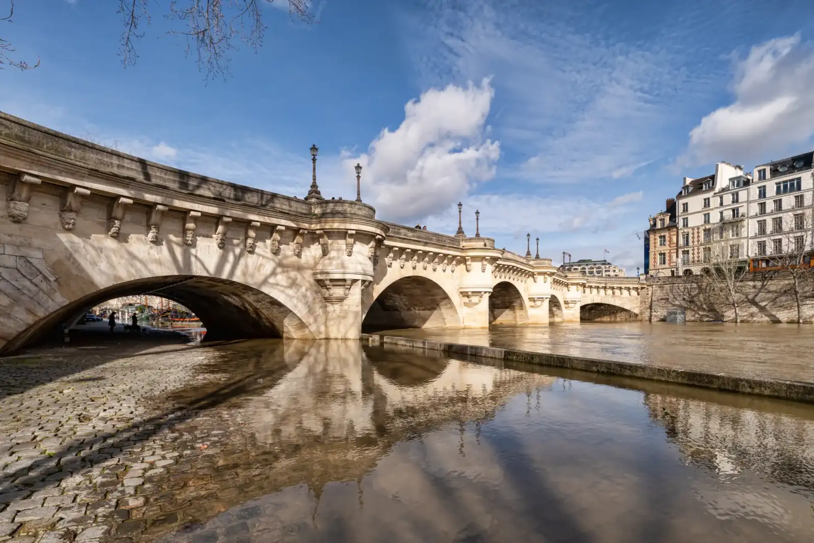 Le Pont Neuf en pierre enjambe la Seine sous un ciel bleu très lumineux.
