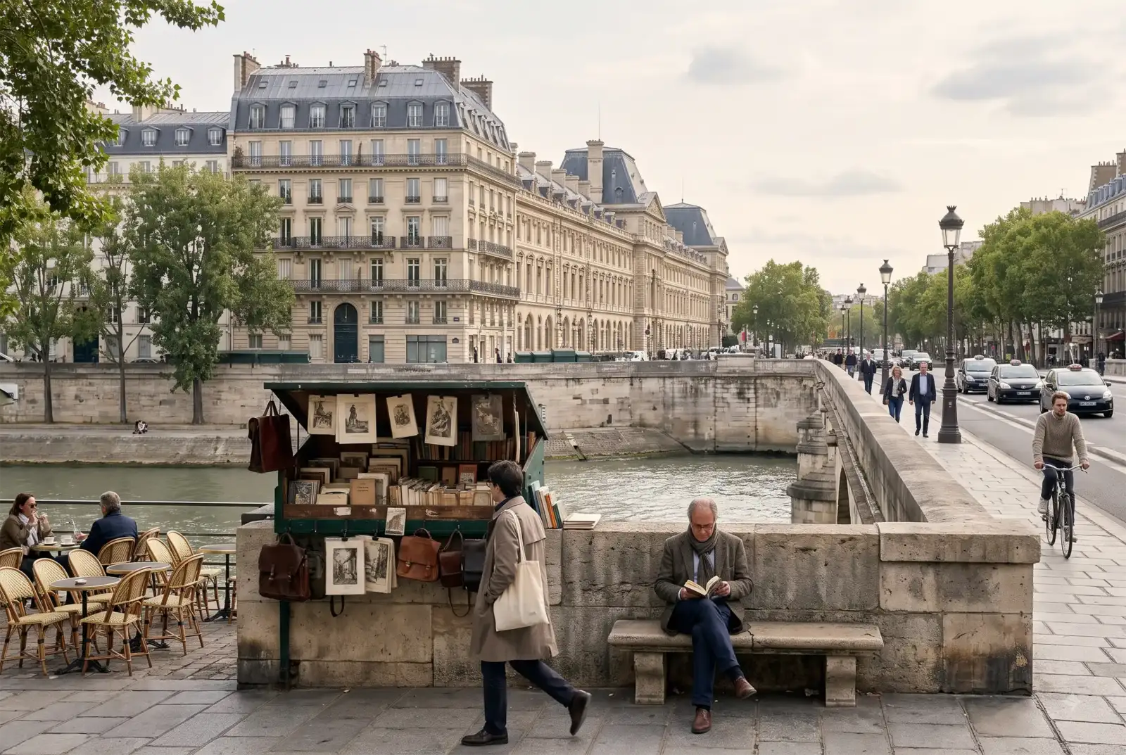 Un homme lit sur un banc le long des quais de Seine à Paris.