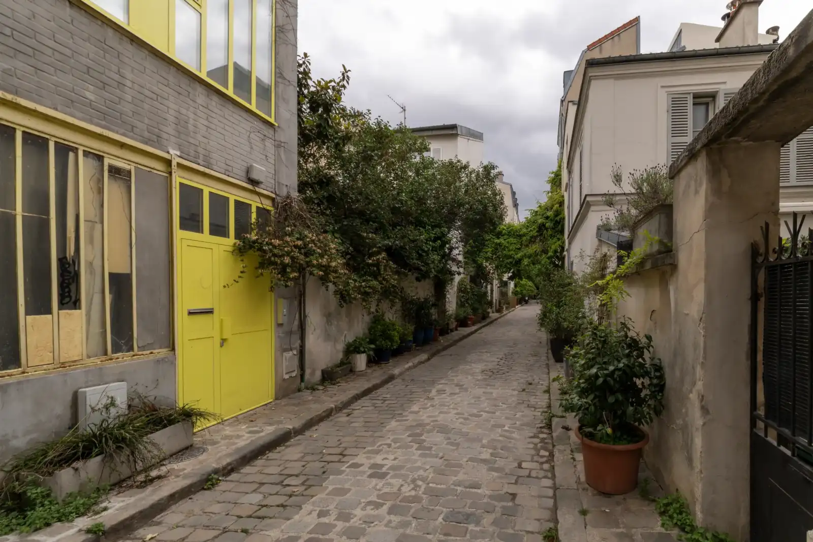 Une ruelle pavée étroite bordée de bâtiments anciens, d'arbres verdoyants et de portes jaunes.