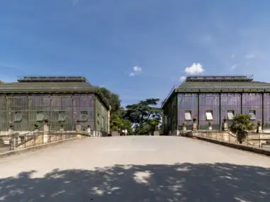 Vue en contre-plongée de deux grandes serres vitrées du Jardin des Plantes à Paris.