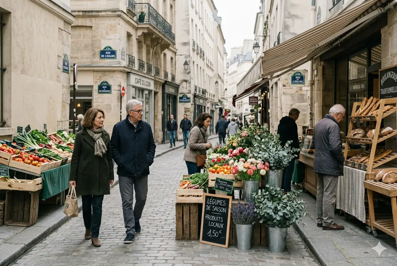 Des passants marchent dans une rue pavée bordée de stands de fruits et légumes.