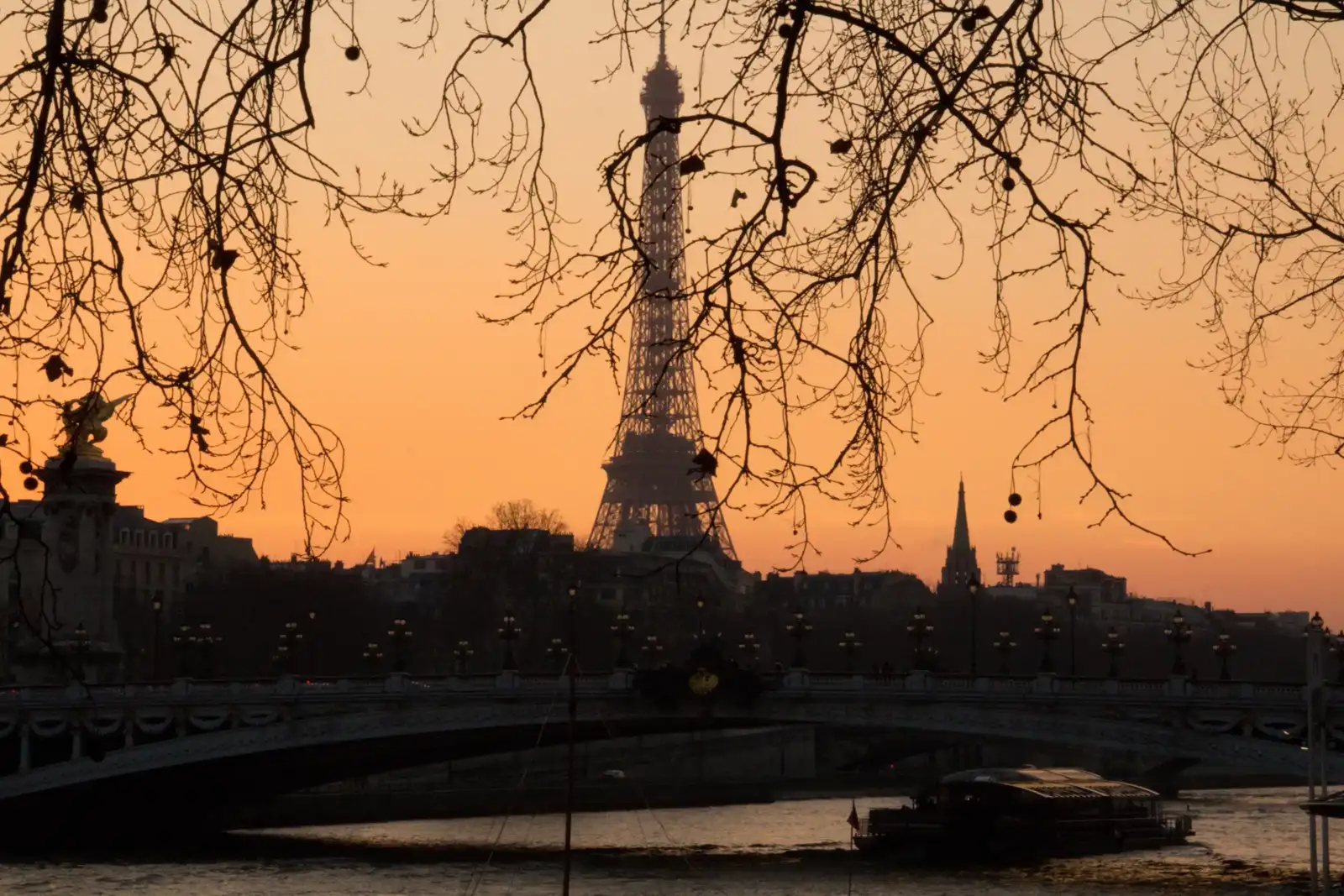 La silhouette de la Tour Eiffel se dresse derrière des branches dénudées au coucher du soleil.