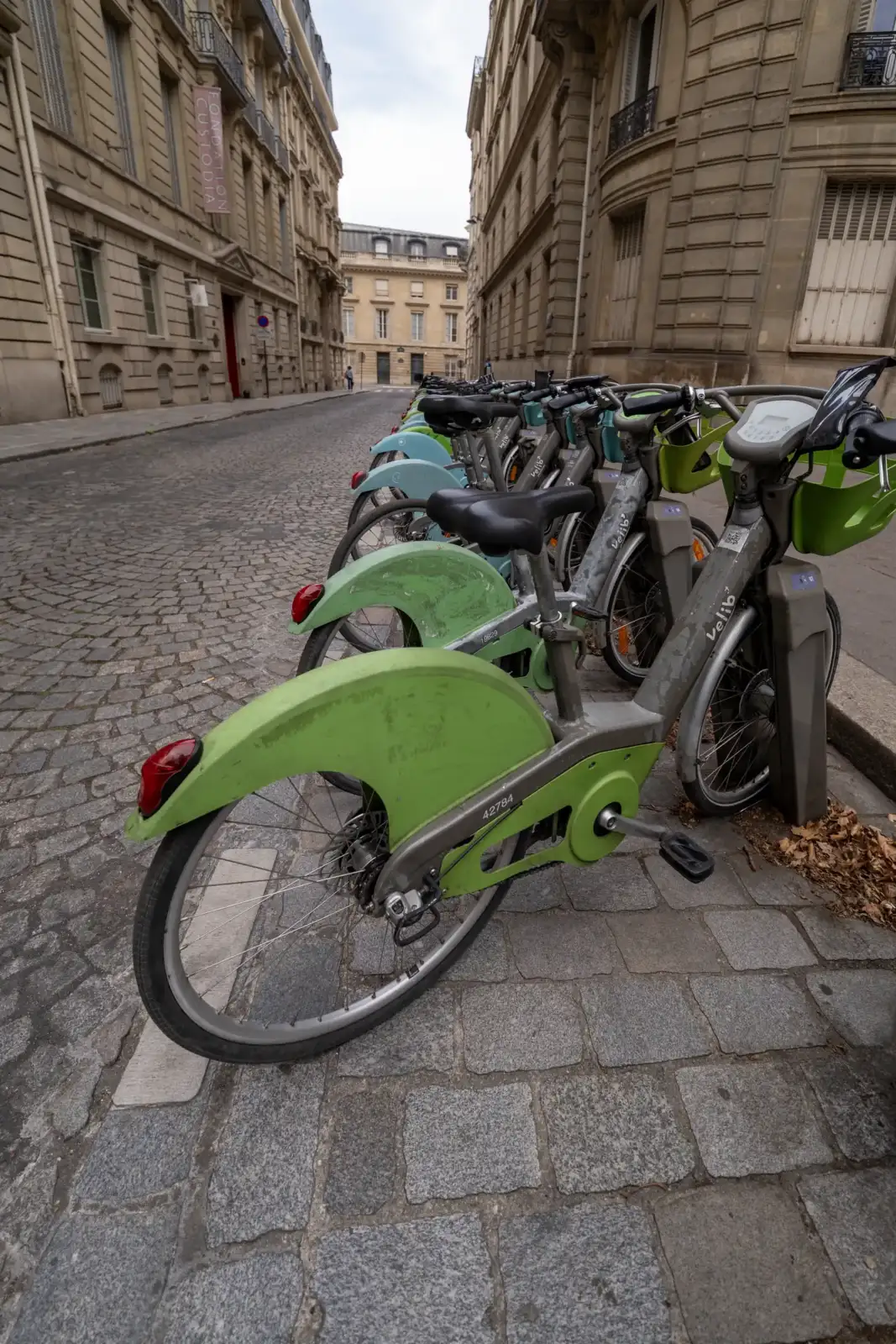 Une rangée de vélos en libre-service stationnés sur un pavé parisien bordé d'immeubles haussmanniens.