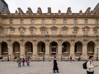 Des visiteurs marchent devant la façade classique et les arcades du musée du Louvre.