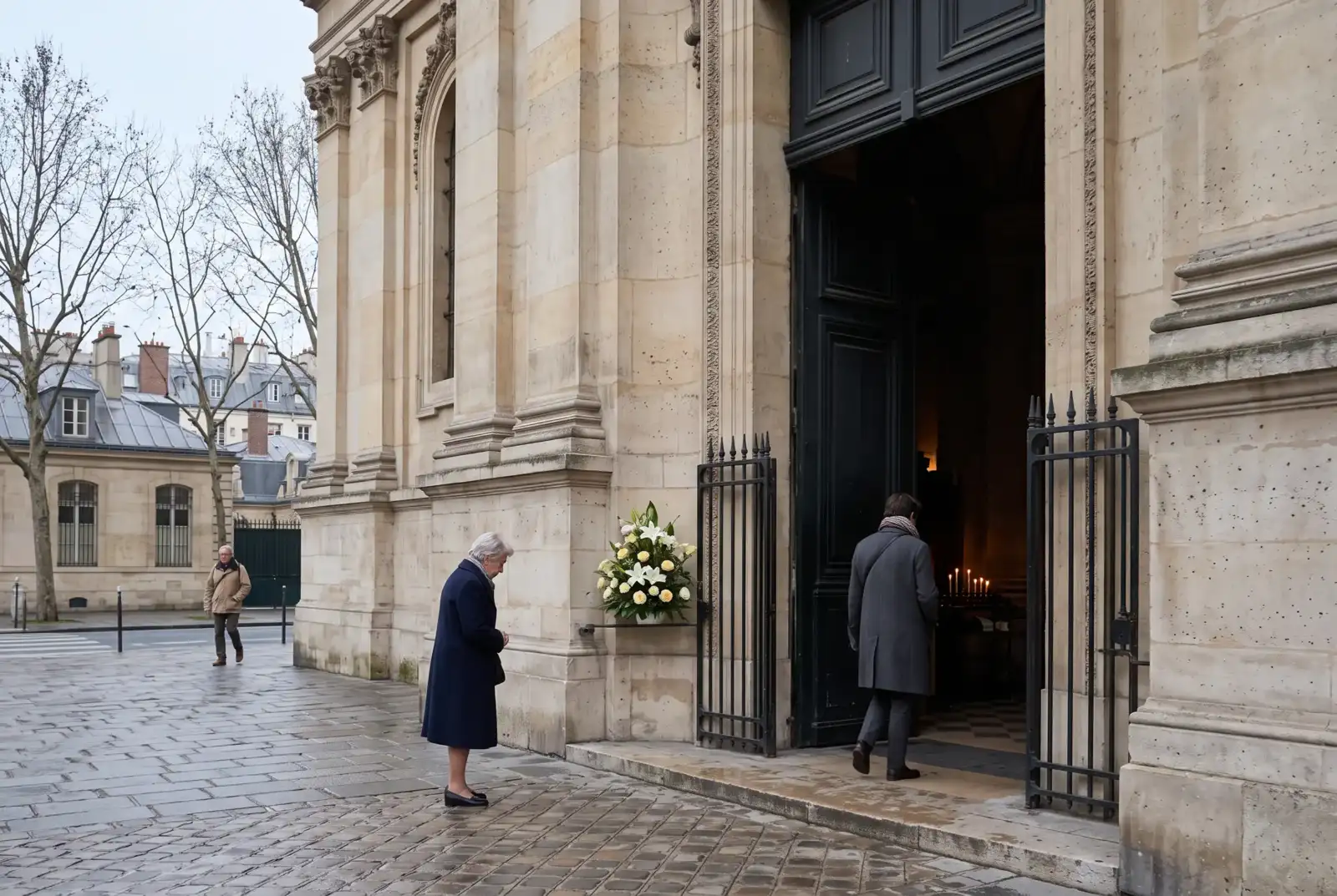 Une femme élégante se recueille devant la lourde porte ouverte d une grande église parisienne